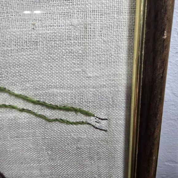 Vintage Framed Crewel #313 Old Wagon Wheel Farmhouse Landscape 17"x13" Rustic - Picture 5 of 14